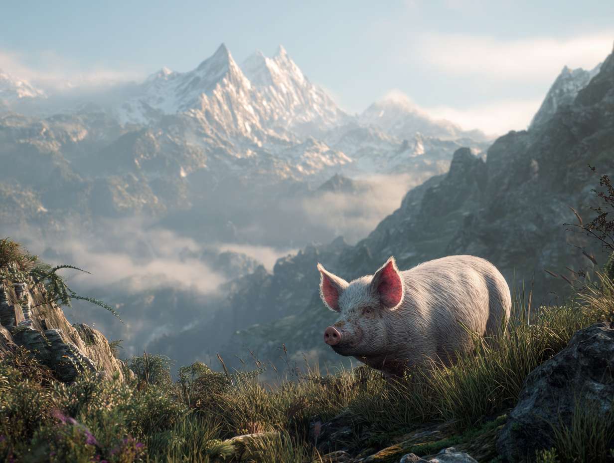 Photorealistic cinematic image，A pale pink pig on the grass next to the mountaintop, facing away from the camera,it also it's a scarf around it head, which is partially covering it face, giving her a mysterious look.Overall, these images convey a sense of desolation and grandeur, possibly telling a story about adventure, and emotional expressions all suggest that this may be a work with a strong narrative and visual impact,with a rocky mountain range behind it, and fog connecting the mountain range, full of warm colors and ultra high definition real materials,highly detailed photo. --ar 4:3 --v 7 --style raw --stylize 100 --fast