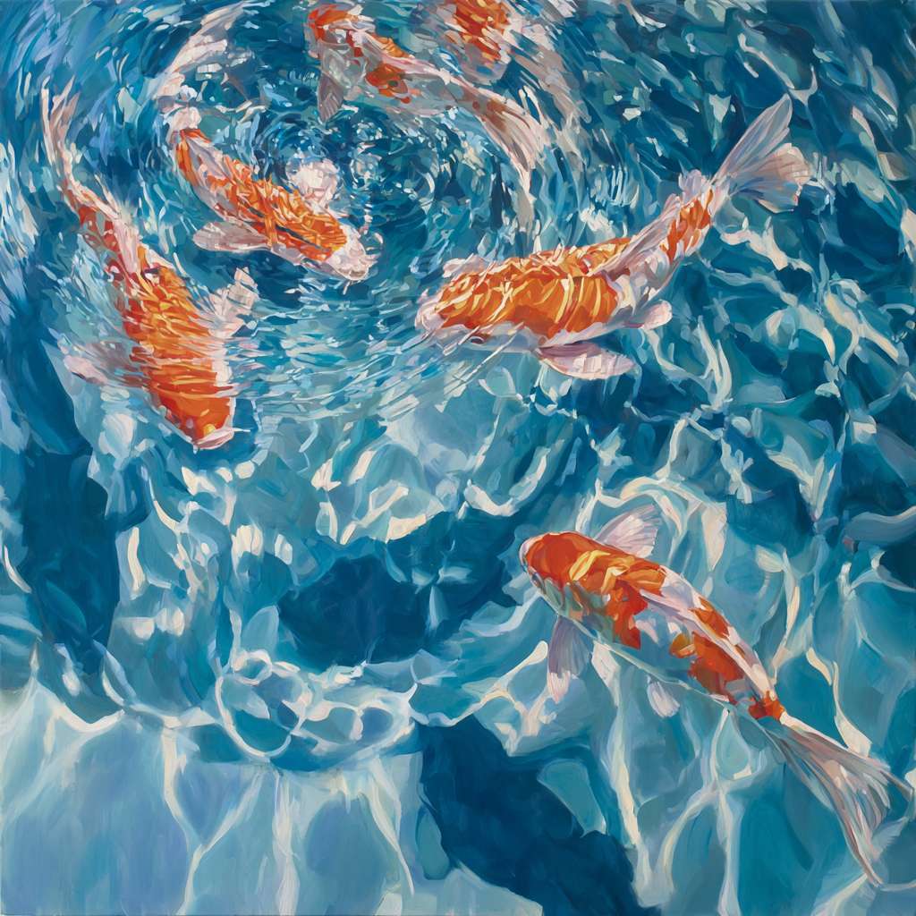 Dreamlike blue water with fractured light and agile koi, expressive brushwork capturing water’s flow and fish’s vitality, oil. --ar 1:1 --v 7 --stylize 100 --fast