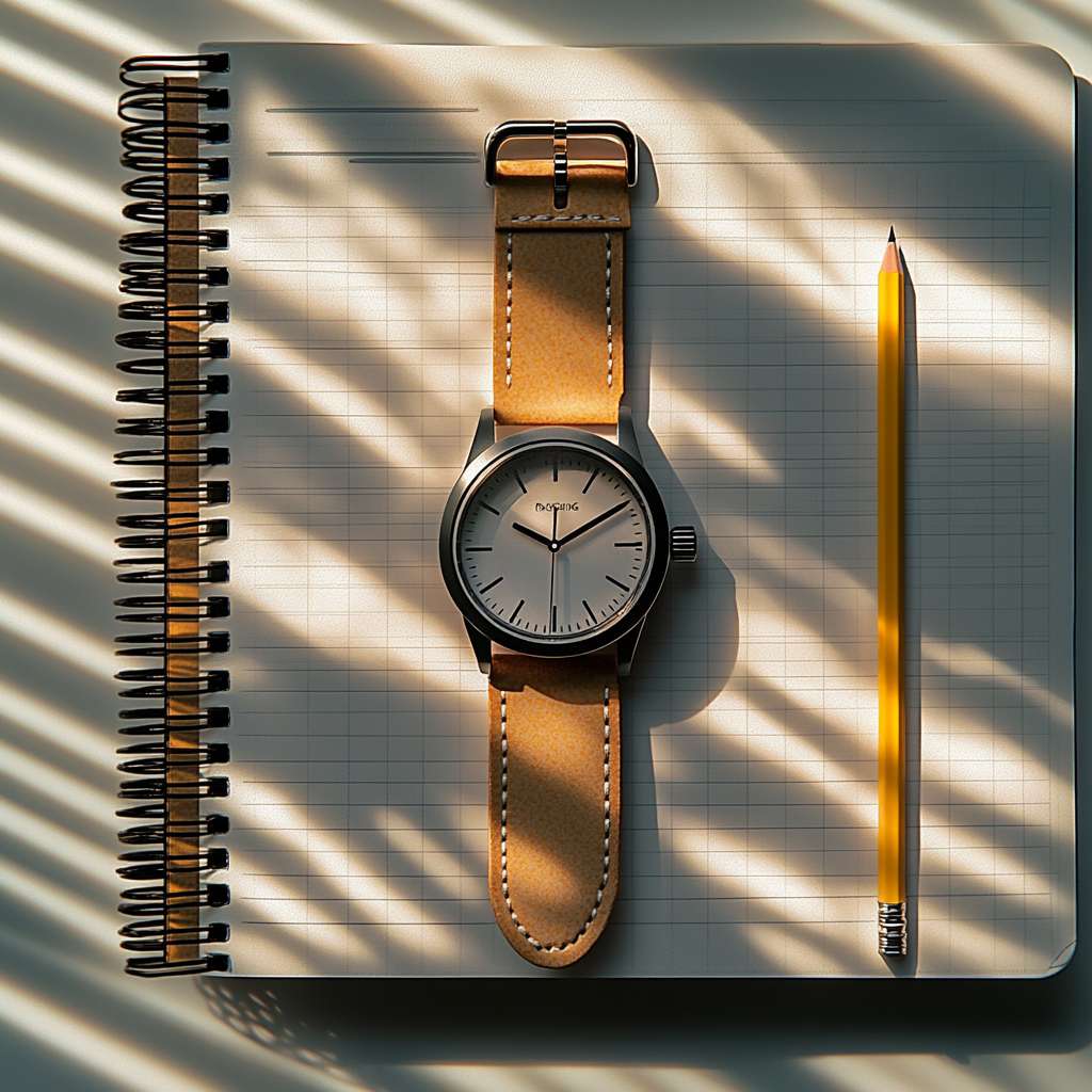 Top-down morning desk scene, 7:30AM winter light through blinds, only essential objects: watch aligned with notebook spine, pencil at precise 30-degree angle, condensation ring from coffee cup deliberately removed in post-production, repressed emotion style --ar 1:1 --v 6.1 --stylize 100 --fast --no clutter