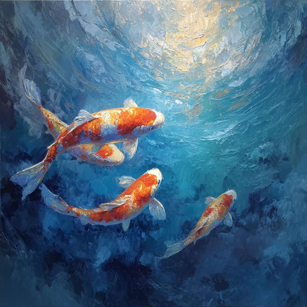 Dynamic blue sea with swirling light and swimming koi, brushwork blending loose and detailed styles, lively energy, abstract oil. --ar 1:1 --v 7 --stylize 100 --fast