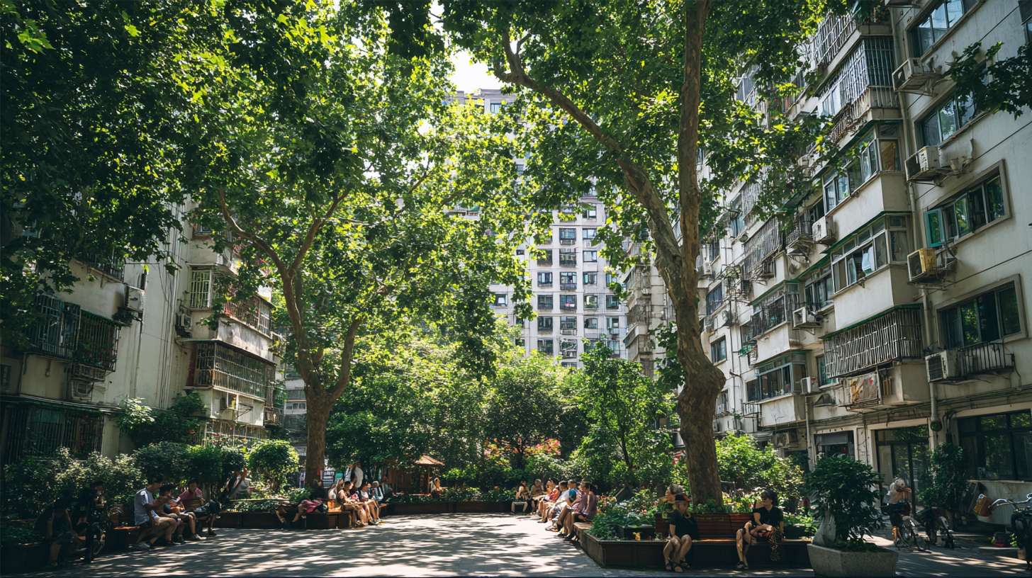 小区内的绿荫、市民在树下休憩。 --ar 16:9 --v 7 --stylize 100 --fast --no 水印