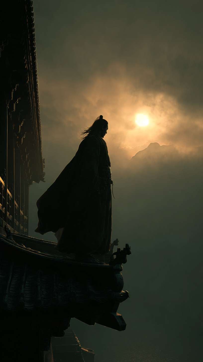AI画面关键词:
medium shot of an ancient Chinese poet silhouette standing on a tower, looking into the distance, wind blowing his robe and hair, backlit by the setting sun, deep in thought, photorealistic, cinematic lighting, hologram effect --ar 9:16 --v 7 --stylize 100 --fast --no 水印