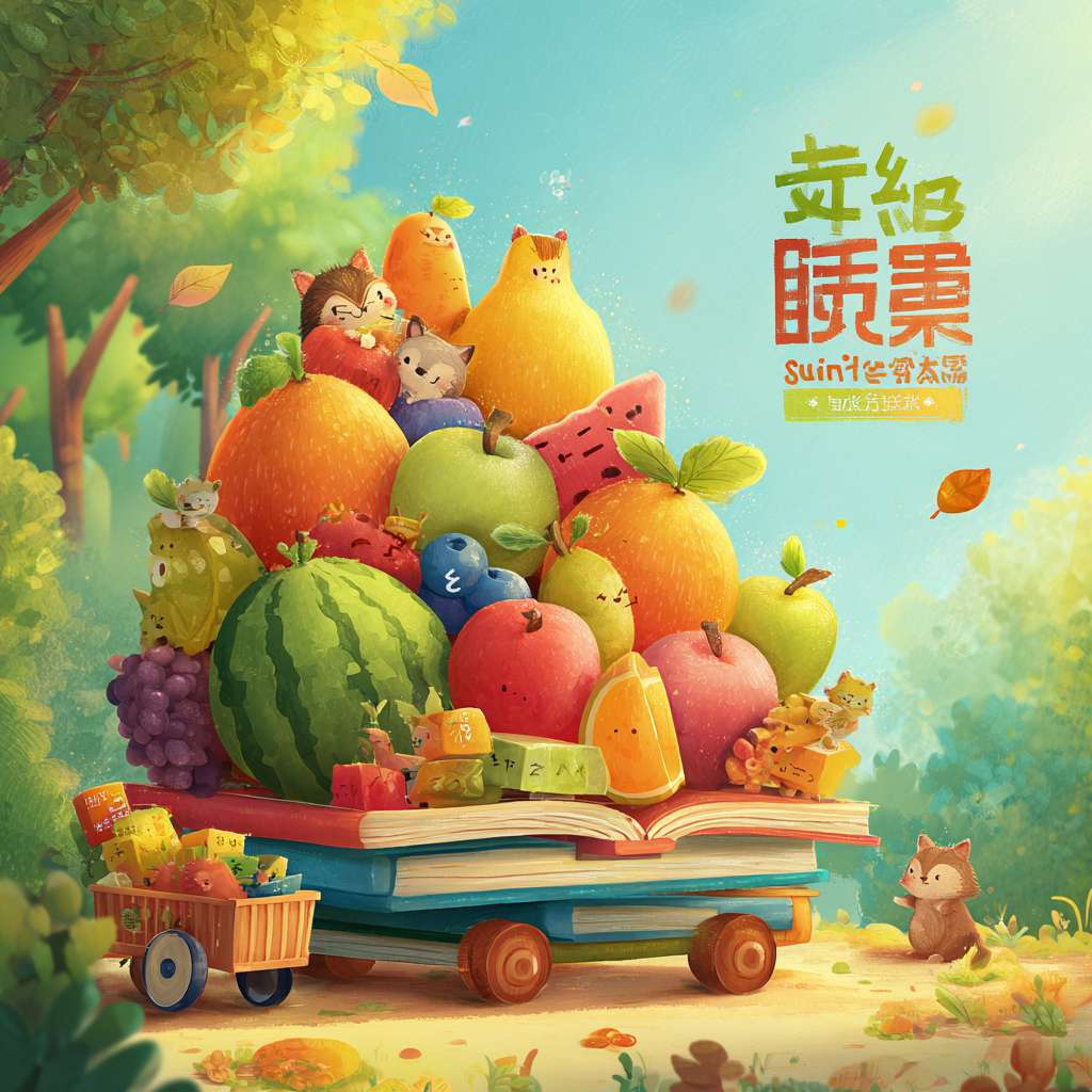 卡通风格插画, 丰收的果园场景, 阳光明媚, 打开的发光书本, 涌出的彩色水果, 水果融合数学符号(数字形状,符号标签,几何特征), 堆积如山的数学水果, 可爱的小动物(松鼠,刺猬)在搬运清点, 欢快喜悦氛围, 水润光泽的水果质感, 柔和圆润线条, 细节丰富, 温暖明亮色彩, 书本标题"数果累累", "一年级数学练习册"字样, 背景虚化的果树和蓝天, 飘落的叶子, 木质小推车或篮子, 高清, 8k --ar 1:1 --v 7 --stylize 100 --fast --no 水印