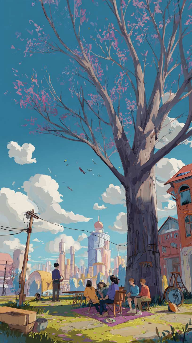 市民在树下休憩 --ar 9:16 --v 7 --stylize 100 --fast --no 水印