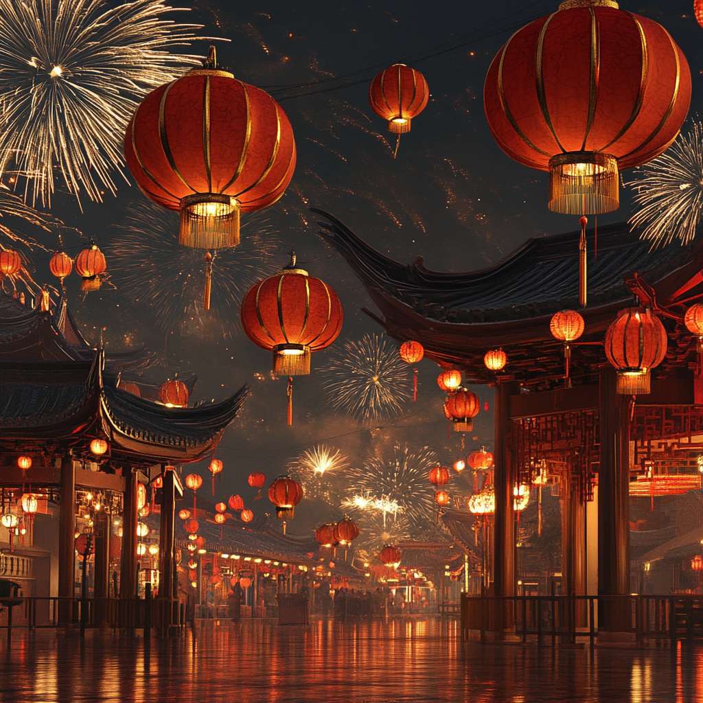 在春节这个节日里，有灯笼和烟花。 --ar 1:1 --v 6.1 --stylize 100 --fast