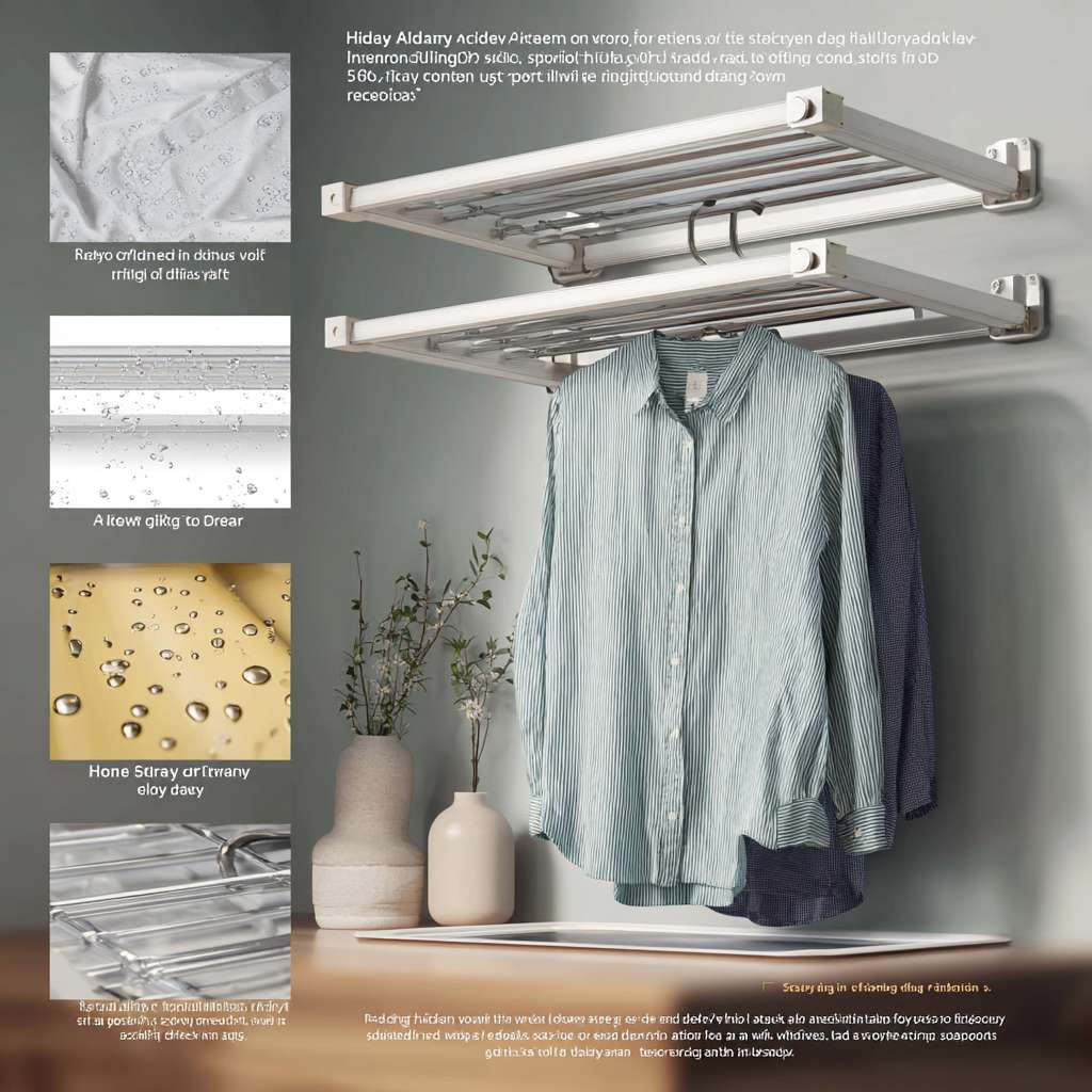"Hide-away wall-mounted drying rack, extended aluminum bars with silicone anti-slip grooves, realistic wet cotton shirt stretching the frame, water droplets falling into transparent drainage tray, Scandinavian living room context, before/after folding comparison inset, studio lighting with fabric texture emphasis" --ar 1:1 --v 7 --stylize 100 --fast