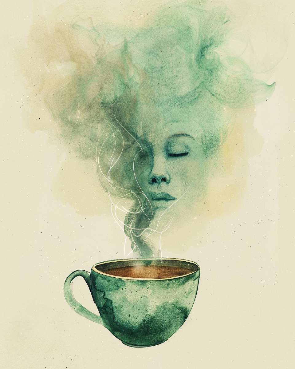 A teacup with steam forming a mindfulness symbol above it, the liquid surface reflecting a calm face, soft watercolor style, no text --ar 4:5 --v 6 --stylize 100 --fast
