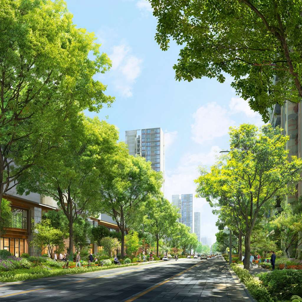 画面是充满生机的城市绿化景观：郁郁葱葱的行道树、小区内的绿荫、市民在树下休憩。 --ar 1:1 --v 7 --stylize 100 --fast --no 水印