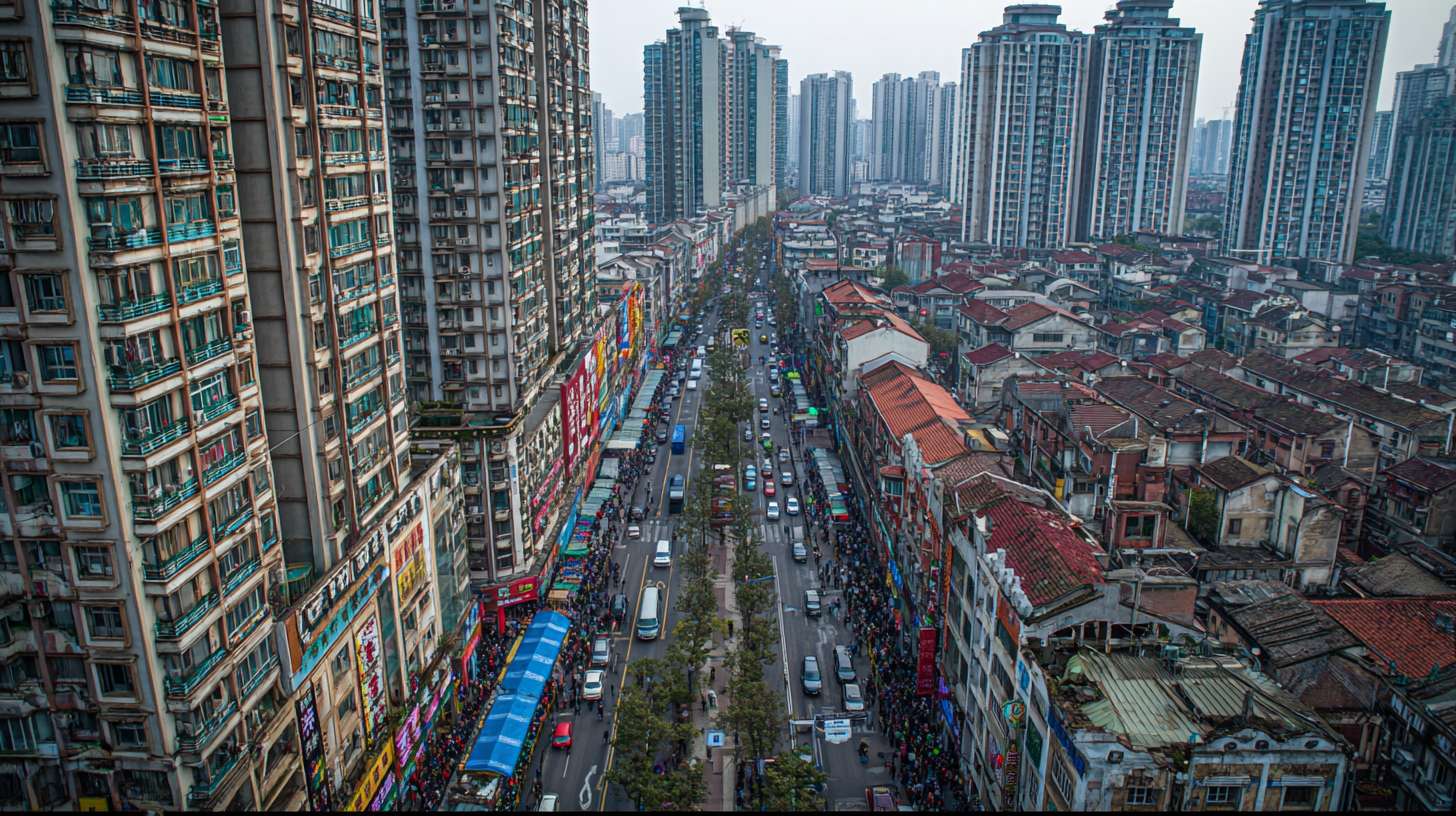 武汉城市全景，高楼与老建筑并存，车流穿梭，人群活动 --ar 16:9 --v 7 --stylize 100 --fast --no 水印