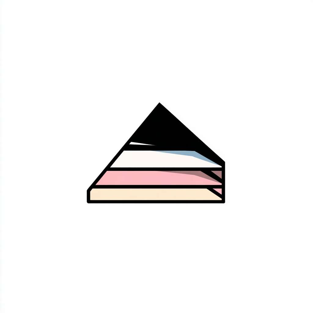 Flat design logo of a triangular slice of layered cake. Thick outline, simple geometric shapes. Color palette: black, white, and one pastel color for the cake. No gradient, no shadow. --ar 1:1 --v 7 --stylize 100 --fast