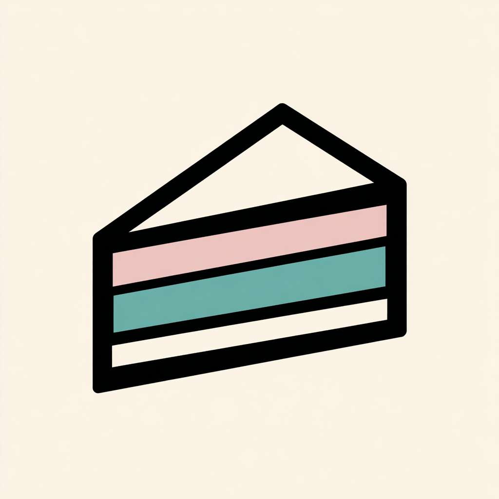 Flat design logo of a triangular slice of layered cake. Thick outline, simple geometric shapes. Color palette: black, white, and one pastel color for the cake. No gradient, no shadow. --ar 1:1 --v 7 --stylize 100 --fast