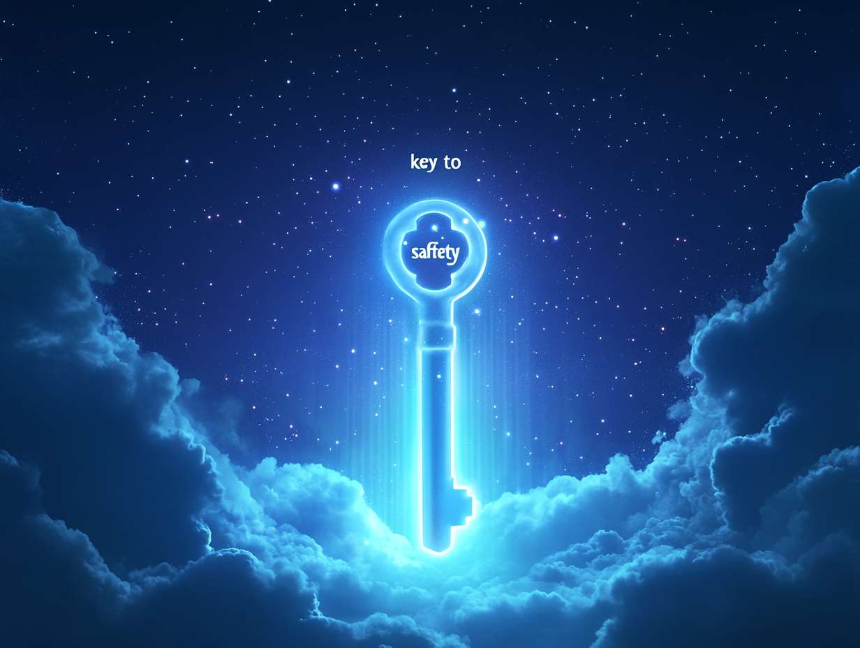 以宝洁蓝（#0066B3）渐变星空为背景，中央悬浮一枚「安全之钥」，钥匙齿纹由三大选择标准构成：标识认证、品牌实力、材料科技。钥匙下方展开三条光带，分别对应核心选择维度。卡通插画 --ar 4:3 --v 6.1 --stylize 100 --fast