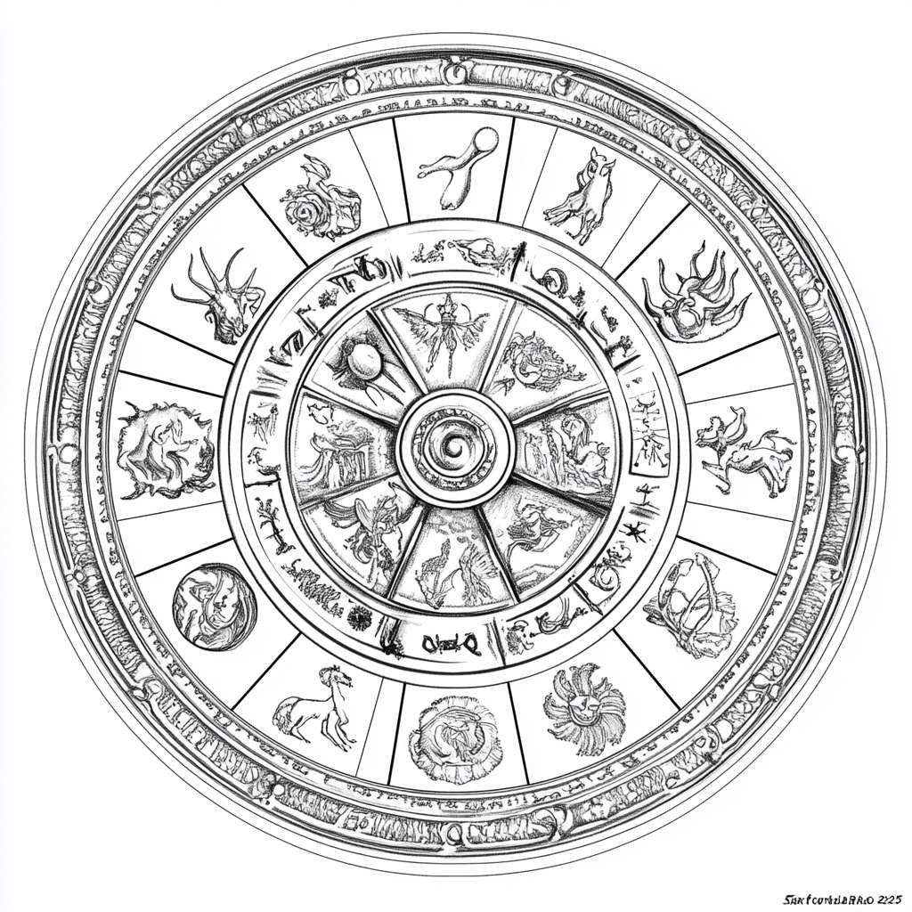 线稿图，不需要颜色，2025年整年的日历，需要有一个2025年生肖 --ar 1:1 --v 6.1 --stylize 100 --fast