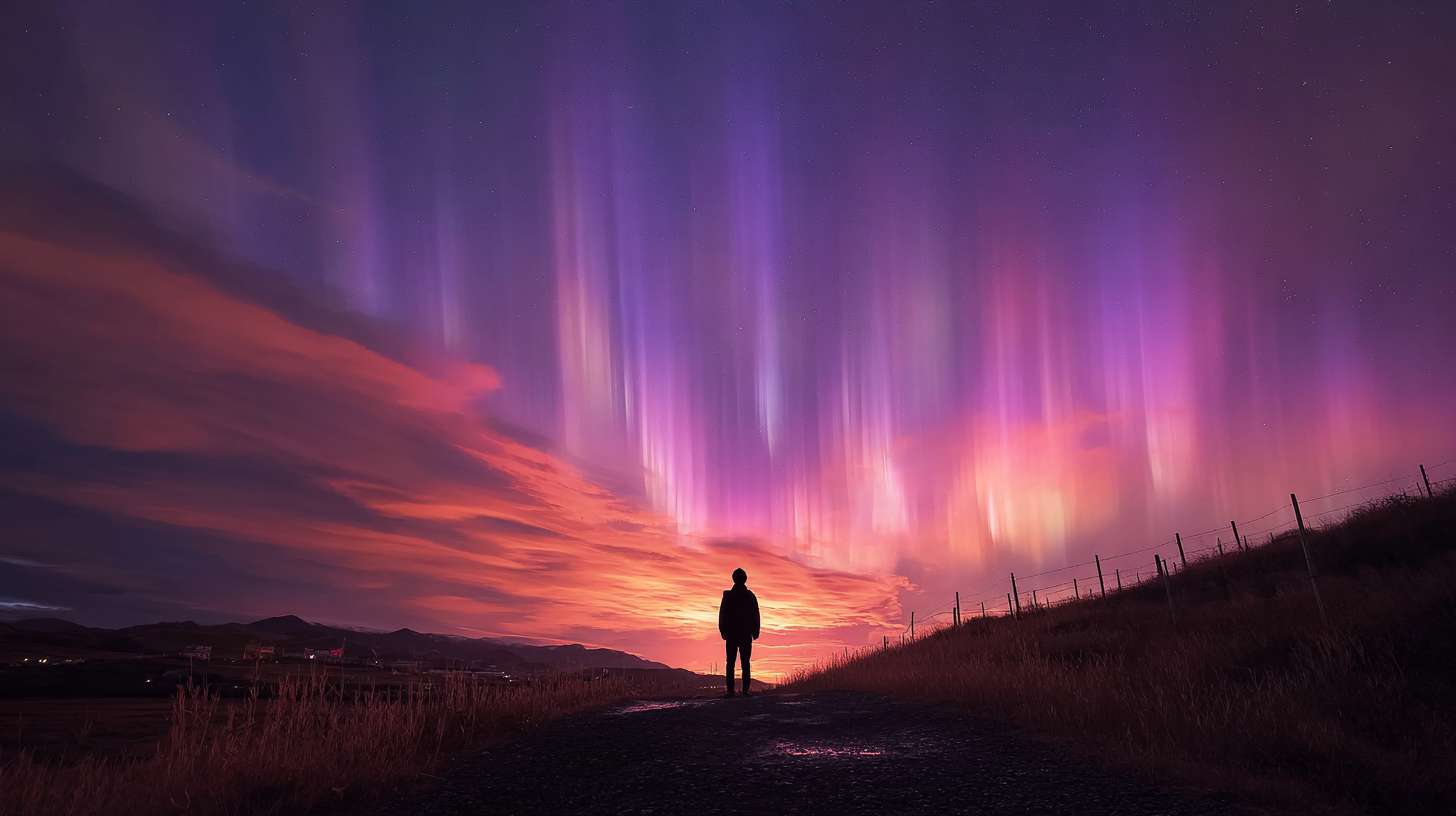 小人的第一人称视角，在冰岛的夜晚，抬起头看天上，天上有极光 --ar 16:9 --v 7 --stylize 100 --fast --no 水印