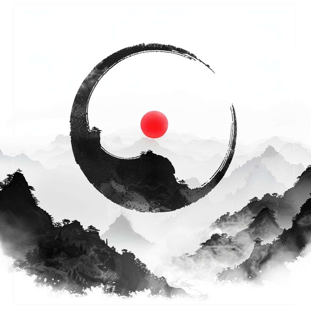 Chinese ink painting style, circular Tai Chi (Yin Yang) symbol, black and white with a single red dot in the center, surrounded by subtle misty mountain silhouettes, pure white background, Zen minimalist style, no text, no watermark, clean and serene, high detail, vector art --ar 1:1 --v 6 --style raw --quality 2 --stylize 100 --fast