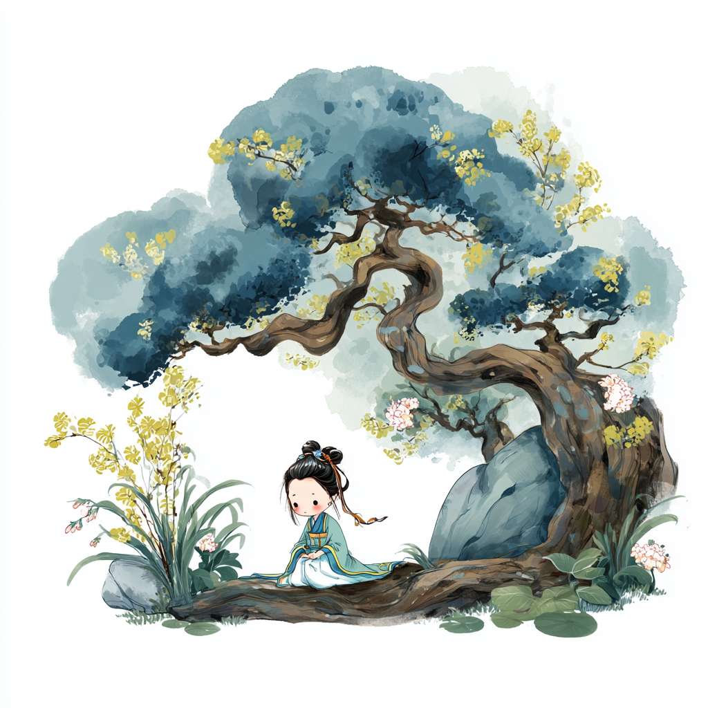 请画一幅关于杨浦滨江的卡通画，滨江边上有马尾草、绣球花、粉黛乱子草、蒲苇、水杉树，绿树环绕，风景优美 --ar 1:1 --v 7 --stylize 100 --fast --no 水印