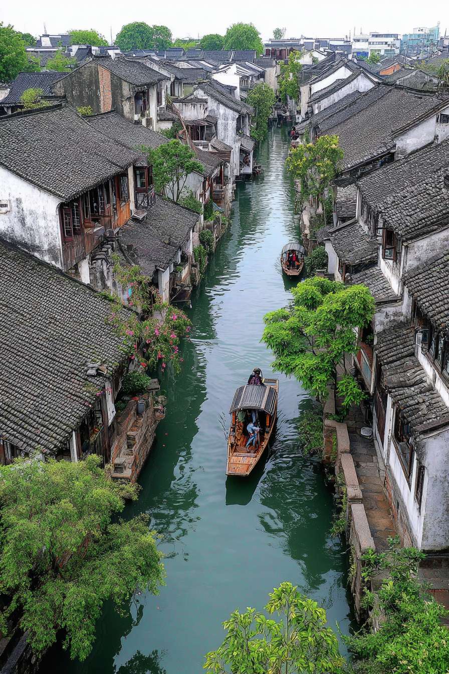 江南水乡、王肇民睡彩画风格、留白70%，小桥流水，俯视构图， --ar 2:3 --v 7 --stylize 100 --fast --no 水印