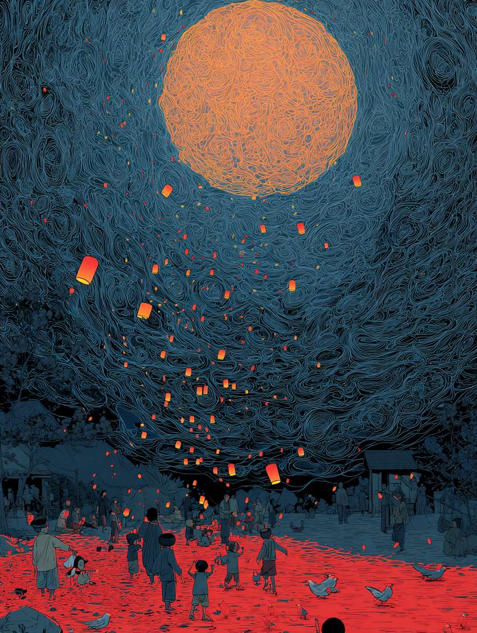 The background of the picture is a huge moon, and several children are playing with lanterns. The atmosphere is festive, and the moon is drawn with complex linear colored lines. The illustration is drawn with flat style colored lines, with red as the main color. It is an imaginative illustration, with a bird's-eye view, 64K, --ar 3:4 --v 7 --stylize 100 --fast