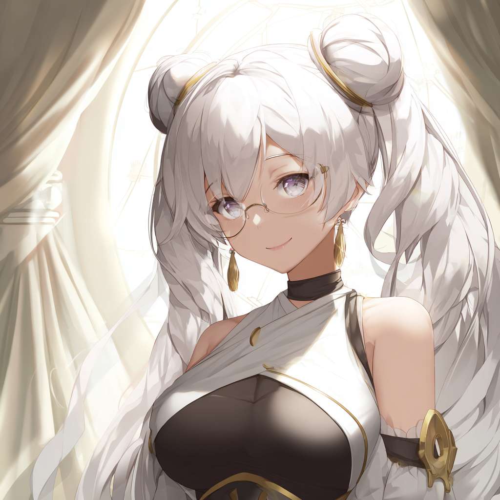 一个二次元少女有着罗马卷双马尾发色是白色，是隐藏的堕天神，掌管时间，她生活在一个有着魔法的世界，她的技能是让自己的眼睛变多个并且漂浮在自己身边 --ar 1:1 --v 7 --stylize 100 --fast --no 水印