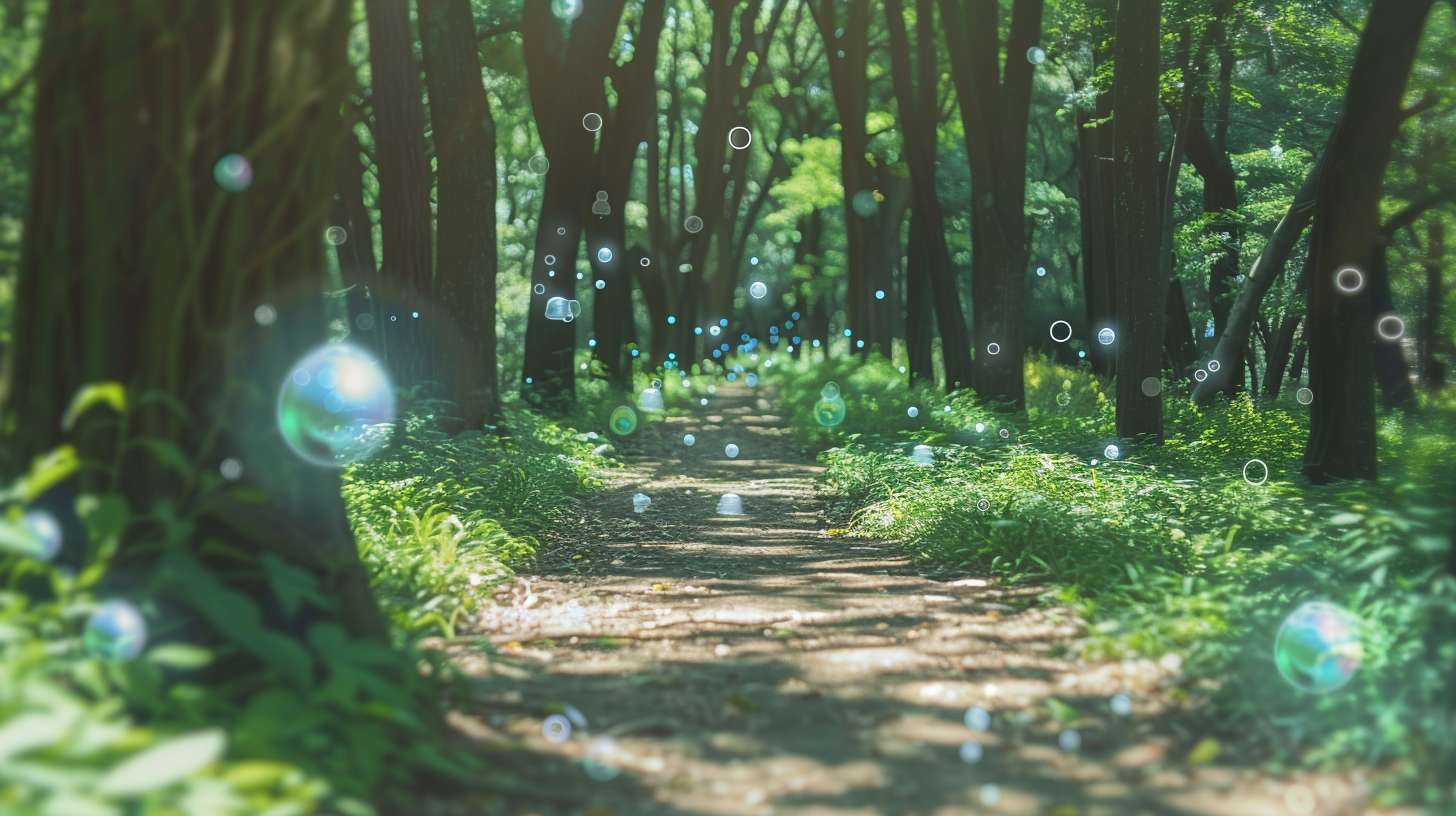 First-person view of walking path with floating mindfulness bell icons along the way, no text, augmented reality style --ar 16:9 --v 6 --stylize 100 --fast