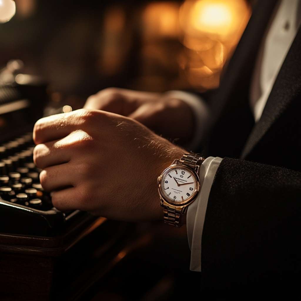 Elegant male hands winding a watch, dark suit cufflinks, vintage office ambiance, bokeh background with typewriter, warm moody lighting, film grain effect --ar 1:1 --v 6.1 --stylize 100 --fast