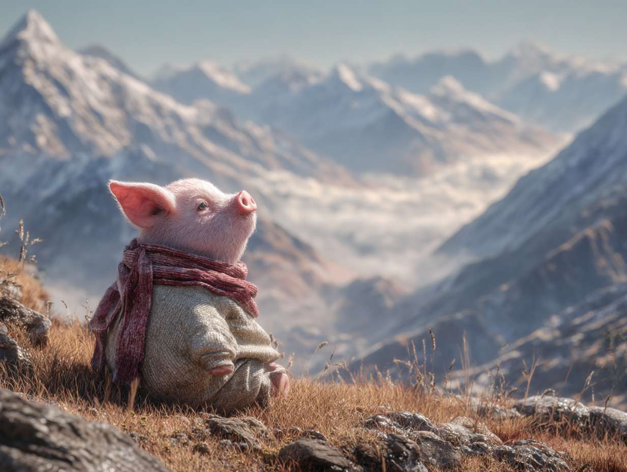 Photorealistic cinematic image，A pale pink pig on the grass next to the mountaintop, facing away from the camera,it also it's a scarf around it head, which is partially covering it face, giving her a mysterious look.Overall, these images convey a sense of desolation and grandeur, possibly telling a story about adventure, and emotional expressions all suggest that this may be a work with a strong narrative and visual impact,with a rocky mountain range behind it, and fog connecting the mountain range, full of warm colors and ultra high definition real materials,highly detailed photo. --ar 4:3 --v 7 --style raw --stylize 100 --fast