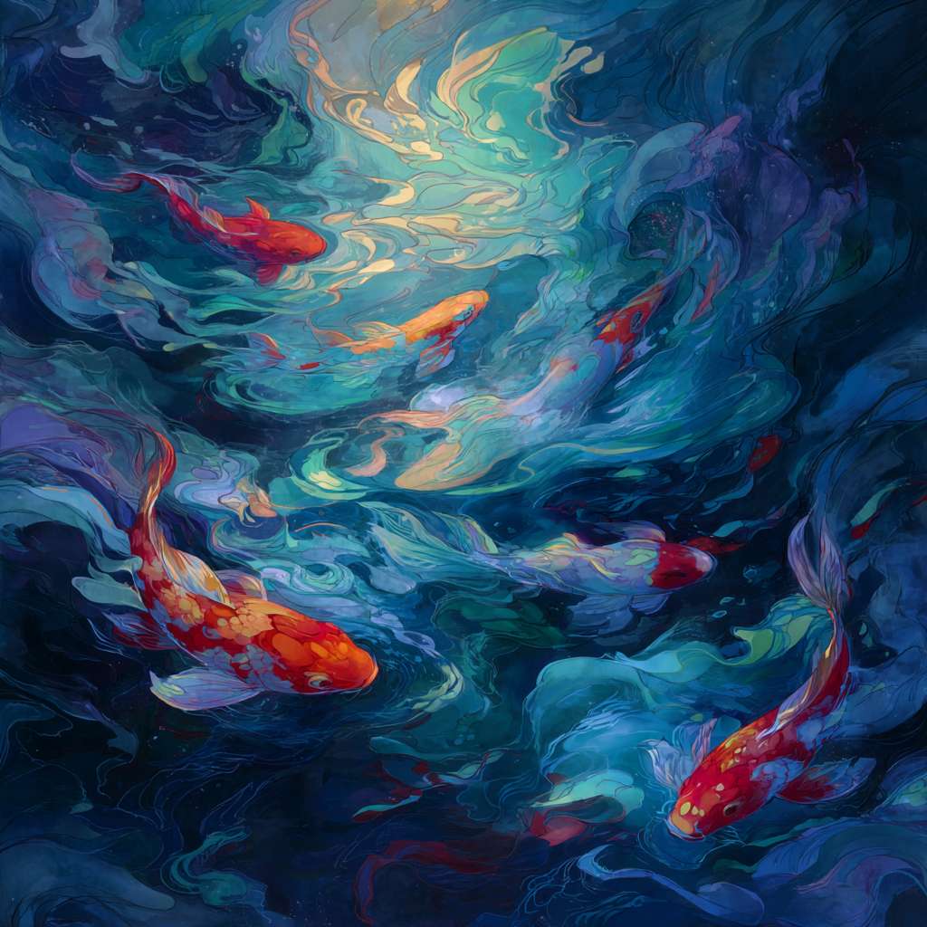 Dynamic blue sea with swirling light patterns, koi fish in vivid colors, brushwork blending loose washes and detailed strokes, abstract energy. --ar 1:1 --v 7 --stylize 100 --fast