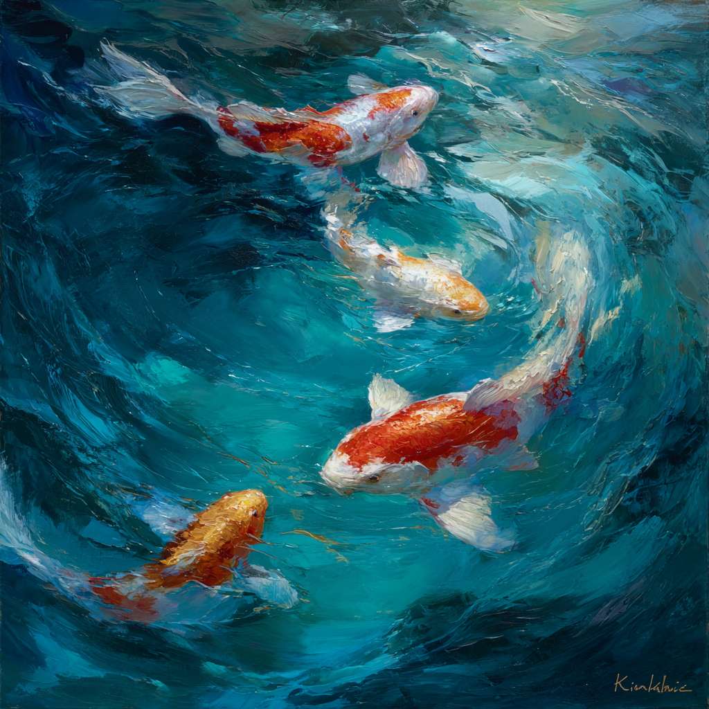 Dynamic blue sea with swirling light and koi gliding, brushwork blending loose washes and detailed strokes, abstract oil. --ar 1:1 --v 7 --stylize 100 --fast