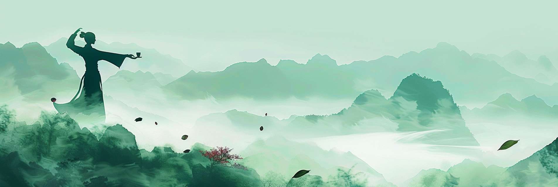 Chinese ink painting style, minimalist zen background, soft misty mountains in distance, abstract tai chi practitioner silhouette in translucent ink wash, floating tea leaves and lotus petals, monochromatic palette with faint celadon green gradient, abundant negative space, serene and meditative atmosphere, ultra HD 8K --ar 3:1 --v 6.0 --stylize 100 --fast