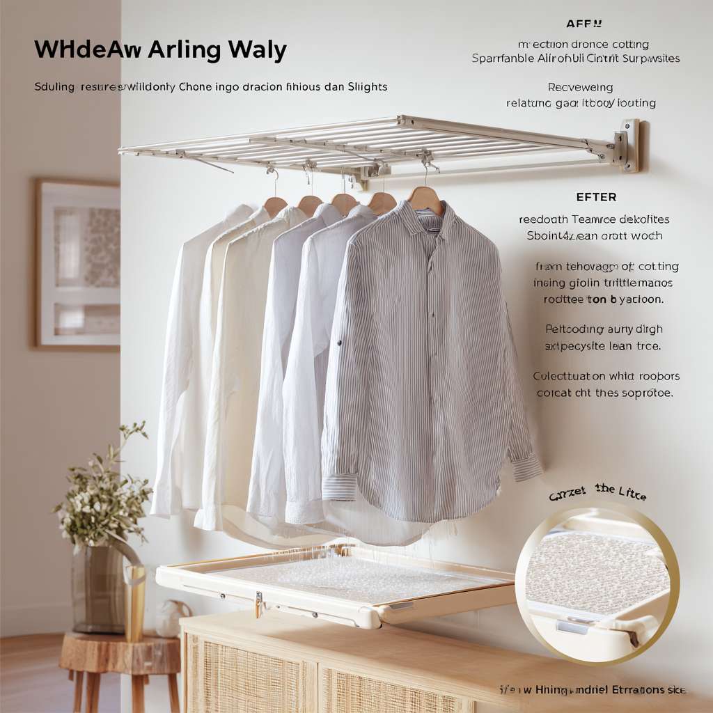 "Hide-away wall-mounted drying rack, extended aluminum bars with silicone anti-slip grooves, realistic wet cotton shirt stretching the frame, water droplets falling into transparent drainage tray, Scandinavian living room context, before/after folding comparison inset, studio lighting with fabric texture emphasis" --ar 1:1 --v 7 --stylize 100 --fast