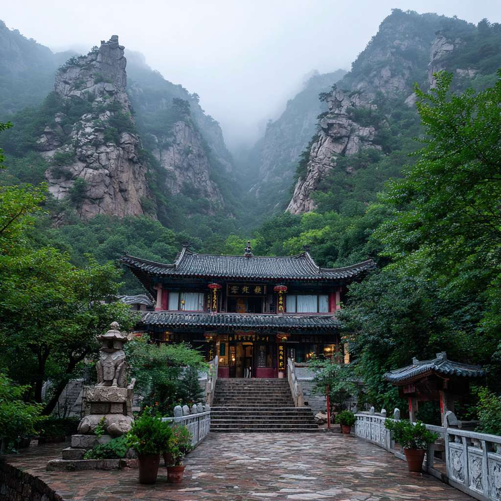 爬山朝拜图，周围苍翠的山林，庙宇屋顶隐约其中，夹道有禅意雕塑，路面上有佛教咒语标识 --ar 1:1 --v 7 --stylize 100 --fast --no 水印