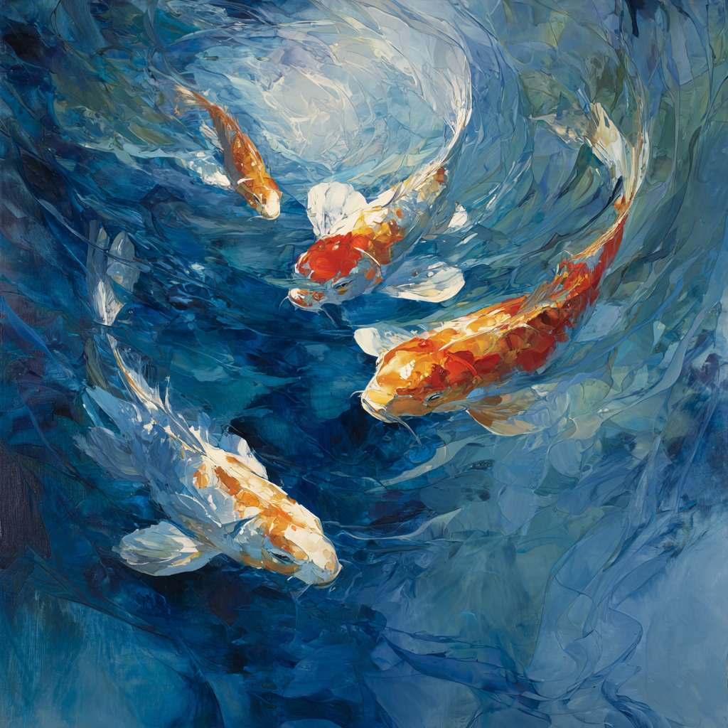 Dynamic blue sea with swirling light and koi gliding, brushwork blending loose washes and detailed strokes, abstract oil. --ar 1:1 --v 7 --stylize 100 --fast
