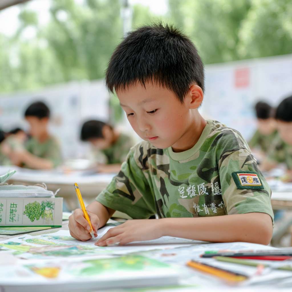 “军事主题夏令营”这个核心信息，为你设计一份可以直接照着画的手抄报图片，3张照片预留位 --ar 1:1 --v 7 --stylize 100 --fast --no 水印