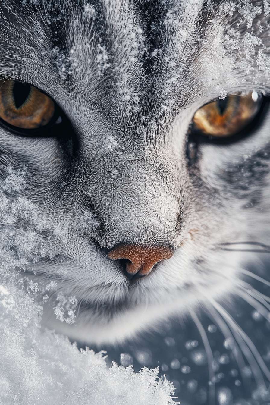 Studio-quality portrait of a rare Jianzhou cat in a snowstorm, close-up shot, symmetrical face, fluffy fur with ice crystals, ethereal winter glow, Fujifilm GFX 100S, 110mm f/2 lens, f/1.4 aperture, Hasselblad natural color grading, National Geographic style, award-winning photography, ultra-realistic, intricate details, frosty breath visible. --ar 2:3 --v 6.1 --stylize 100 --fast