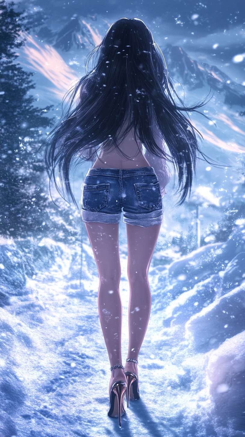 1个女孩，长发，黑发，牛仔短裤，长腿，高跟鞋，冬天，雪，雪地，雪山，光线 --ar 9:16 --v 6.1 --stylize 100 --fast --no 水印,水印,水印,水印