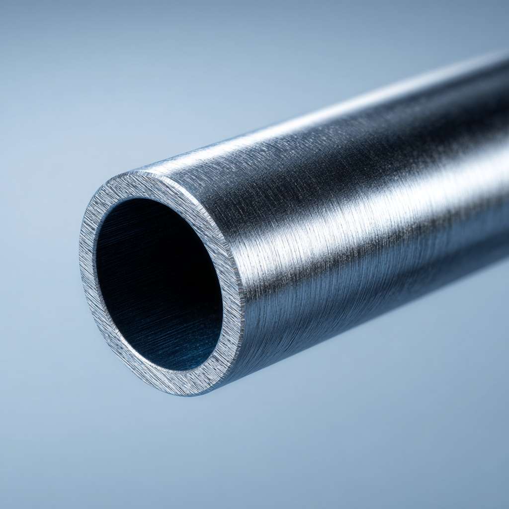 A background for a marine-grade stainless steel pipe, minimalist product photography, clean and sleek industrial design, soft lighting from the side, muted silver and dark navy blue color palette, subtle brushed metal texture, vast negative space on a light gray background, modern and professional, high-end commercial use, studio shot, hyper-detailed, 4k --ar 1:1 --v 7 --stylize 100 --fast
