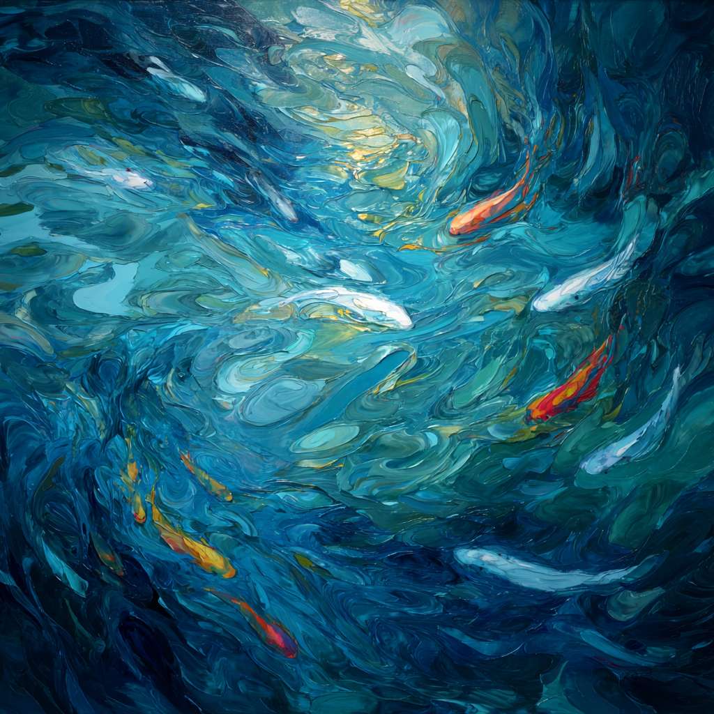 Dynamic blue sea interlaced with 五彩光影 and sinuous koi, brushwork blending abstraction and detail, abstract oil. --ar 1:1 --v 7 --stylize 100 --fast --no 水印