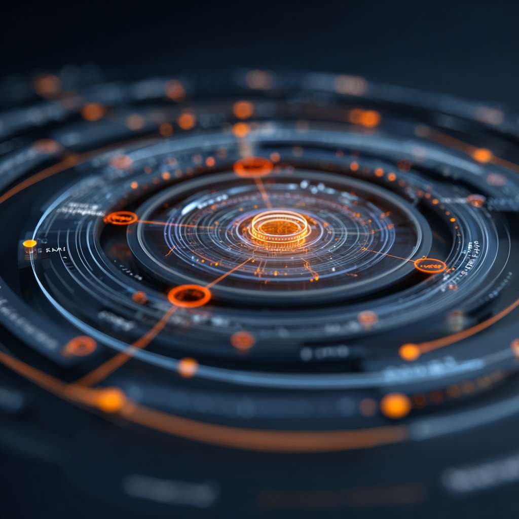 A sophisticated system architecture diagram in a tech style, with concentric circles. The core is a glowing AI brain chip, radiating connections to modules like AIOps, Smart Data Center, and Intelligent Command Center. Data streams flow bi-directionally. The background is dark with blue and orange light trails. --ar 1:1 --v 7 --stylize 100 --fast
