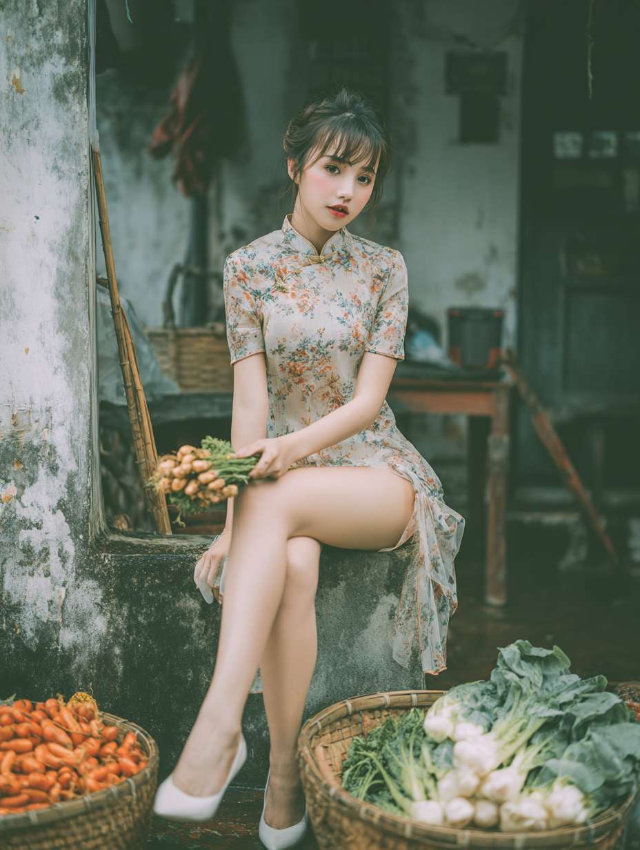一位身着轻薄连衣高叉裙并有细微大花纹、肉色轻薄丝袜和白色高跟鞋的 35 岁 女性坐在水泥墩子，手里剥花生 ，地上是刚摘来的竹篮子和蔬菜，皖南农家小院场景，朴素生活风格，中景镜头，柔和色调、时尚生活氛围，构图合理，真人全身照，高清分辨率，场面全景远景，能看到人物和院子里面全景 --ar 3:4 --v 7 --stylize 100 --fast --no 水印