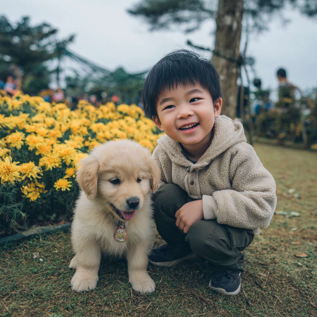 士尼皮克斯风格，一个小男孩在公园里和小狗玩耍，旁边有一些花朵和树木，小男孩笑着对小狗说‘Hello, puppy’” --ar 1:1 --v 7 --stylize 100 --fast --no 水印,水印
