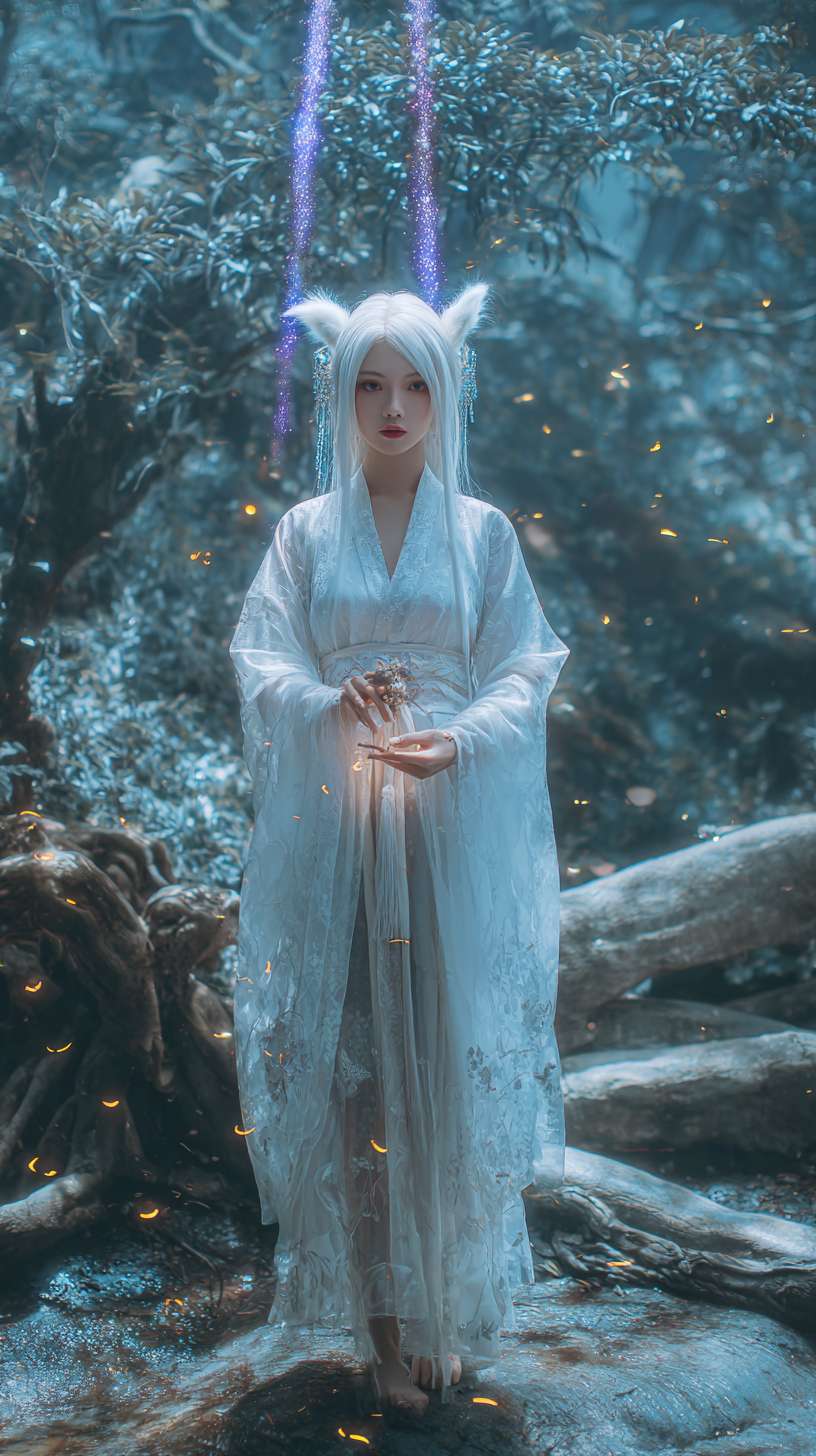 8K high - definition cinematic realism with Tsui Hark's fantastical camera techniques. Nie Xiaoqian wears a white绡纱 high - waisted ruqun featuring a tasteful slit that artfully frames her graceful legs, her semi - transparent feather silk outer robe flowing like liquid silk in artificial wind. She stands before a dilapidated temple in ancient forest depths, where moss - covered pillars are tangled with spiderwebs and broken clay statues cast eerie shadows under moonlight. A diagonal ray of God's light pierces through tree canopies, silvering her hair and highlighting drooping fox ears that evoke vulnerability. Her ice - blue demonic eyes glisten with unshed tears, framed by crystalline silver filigree. Pale skin glows with pearlescent moonlight as she holds floating dead leaves with trembling hands, silver bracelets jingling softly. Purplish - blue demonic energy coils around her ankles in particle特效, creating surreal patterns on rubble - strewn ground. The background blurs into mist - shrouded primeval forest, while fireflies in 0.5x speed orbit her. The color palette combines Tsui Hark's signature cyan - blue cool tones with warm golden佛光, emphasizing her haunting fragility. --ar 9:16 --v 7 --stylize 100 --fast --no 水印