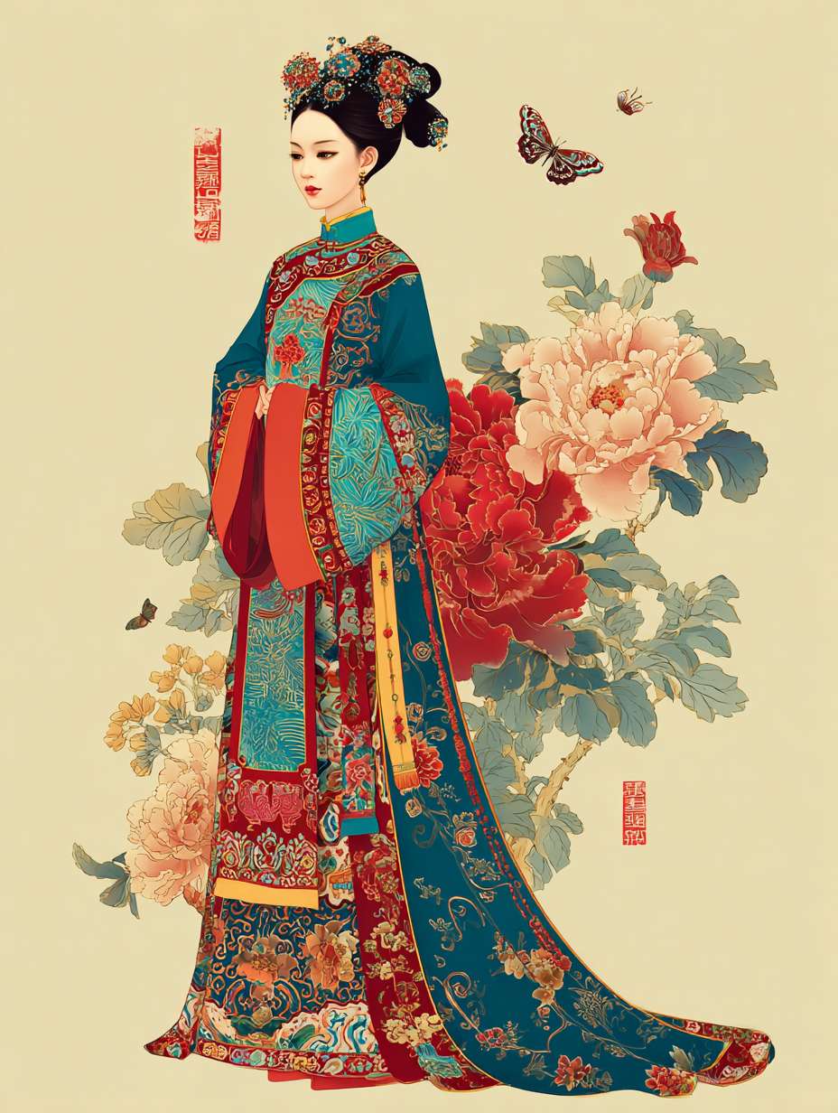 唐朝仕女, 全身像,矢量图, 牡丹花，蝴蝶，皇宫院落，极端的复杂性, 中国唐代永乐宫画, 刺绣 --ar 3:4 --v 7 --stylize 100 --fast --no 水印