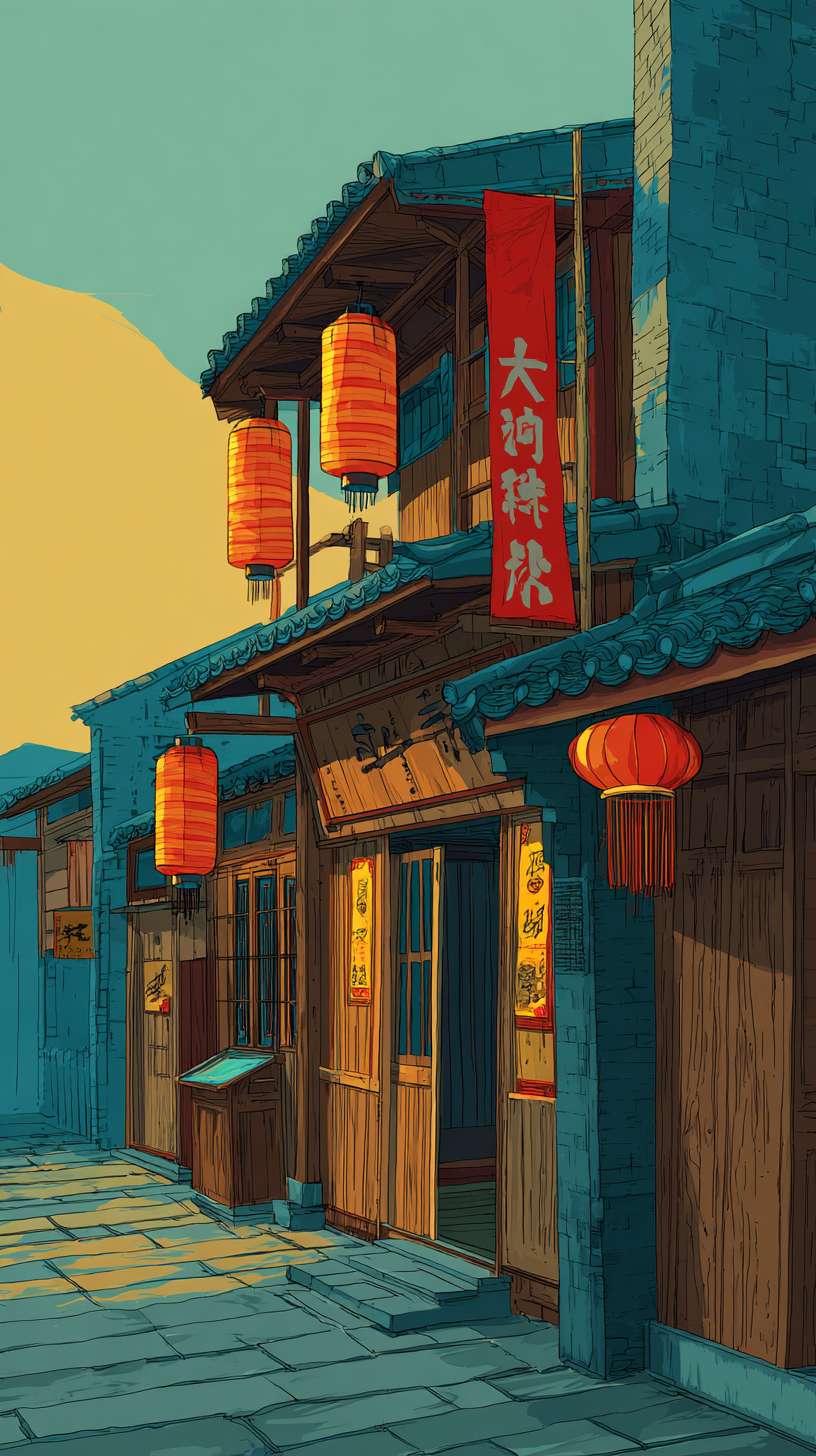 客栈
构图：竖版近景，主体为两层木质客栈（临街门面），右侧屋檐延伸至画面外核心元素：- 客栈：斗拱结构（细墨线条）、木质门板（淡墨纹理）- 装饰：红色灯笼（3-4 个，挂于屋檐下）、酒旗（“XX 客栈” 毛笔字）- 地面：青石板路（淡墨横线条）
主色调：黄褐色（R160-180, G140-160, B110-130）辅助色：- 灯笼：朱红色（R180-200, G60-80, B60-80，饱和度≤60%）- 酒旗：米黄色（R190-200, G170-180, B140-150）统一适配：黄褐色明度与新手村灰蓝色保持一致，避免过暖刺眼
1. 客栈木质纹理笔触与武馆木人桩纹理一致2. 灯笼轮廓线条粗细与兵器架兵器线条一致3. 屋檐斗拱结构比例与新手村茅屋屋檐比例统一 --ar 9:16 --v 7 --stylize 100 --fast --no 水印