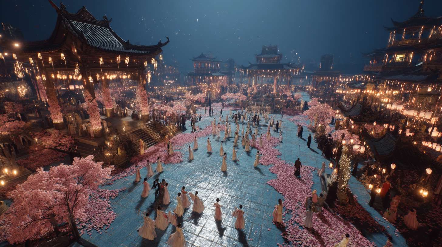 Unreal Engine 5 rendering, in this awe-inspiring scene of the ancient Luoyang Flower Festival, the composition centers on a vast sea of blooming peonies, surrounded by ancient-style pavilions, buildings, and winding corridors adorned with countless red lanterns, while the night sky is continuously lit up by colorful fireworks, the foreground features a celebrating crowd dressed in elegant Hanfu singing and dancing, the middle ground includes traditional Chinese architecture such as eaves-cornered pavilions, and the background blends deep blue starry skies with brilliant fireworks, in terms of color, vibrant reds, golds, and greens dominate, symbolizing luck and wealth, with the pink and white of the flowers sharply contrasting with the warm yellow of the lanterns, and the multicolored lights of the fireworks adding dynamic color variations, the lighting effects are exquisitely detailed, the soft glow from the lanterns casts warm shadows on people's faces and the ground, while the explosive flashes of fireworks create dazzling halos, contrasting with the cool moonlight to enhance the image's depth and dynamism, the entire scene is bustling and lively, with lanterns swaying gloriously, fireworks sparkling brilliantly, and the crowd cheering incessantly, as if transporting the viewer into a dreamlike ancient prosperous era filled with the charm of Chinese elements. --ar 16:9 --v 7 --c 20 --quality 4 --stylize 100 --fast