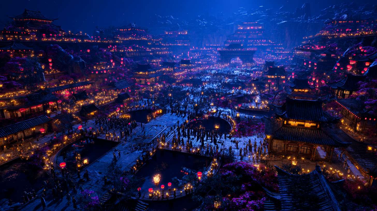 Unreal Engine 5 rendering, in this awe-inspiring scene of the ancient Luoyang Flower Festival, the composition centers on a vast sea of blooming peonies, surrounded by ancient-style pavilions, buildings, and winding corridors adorned with countless red lanterns, while the night sky is continuously lit up by colorful fireworks, the foreground features a celebrating crowd dressed in elegant Hanfu singing and dancing, the middle ground includes traditional Chinese architecture such as eaves-cornered pavilions, and the background blends deep blue starry skies with brilliant fireworks, in terms of color, vibrant reds, golds, and greens dominate, symbolizing luck and wealth, with the pink and white of the flowers sharply contrasting with the warm yellow of the lanterns, and the multicolored lights of the fireworks adding dynamic color variations, the lighting effects are exquisitely detailed, the soft glow from the lanterns casts warm shadows on people's faces and the ground, while the explosive flashes of fireworks create dazzling halos, contrasting with the cool moonlight to enhance the image's depth and dynamism, the entire scene is bustling and lively, with lanterns swaying gloriously, fireworks sparkling brilliantly, and the crowd cheering incessantly, as if transporting the viewer into a dreamlike ancient prosperous era filled with the charm of Chinese elements. --ar 16:9 --v 7 --c 20 --quality 4 --stylize 100 --fast