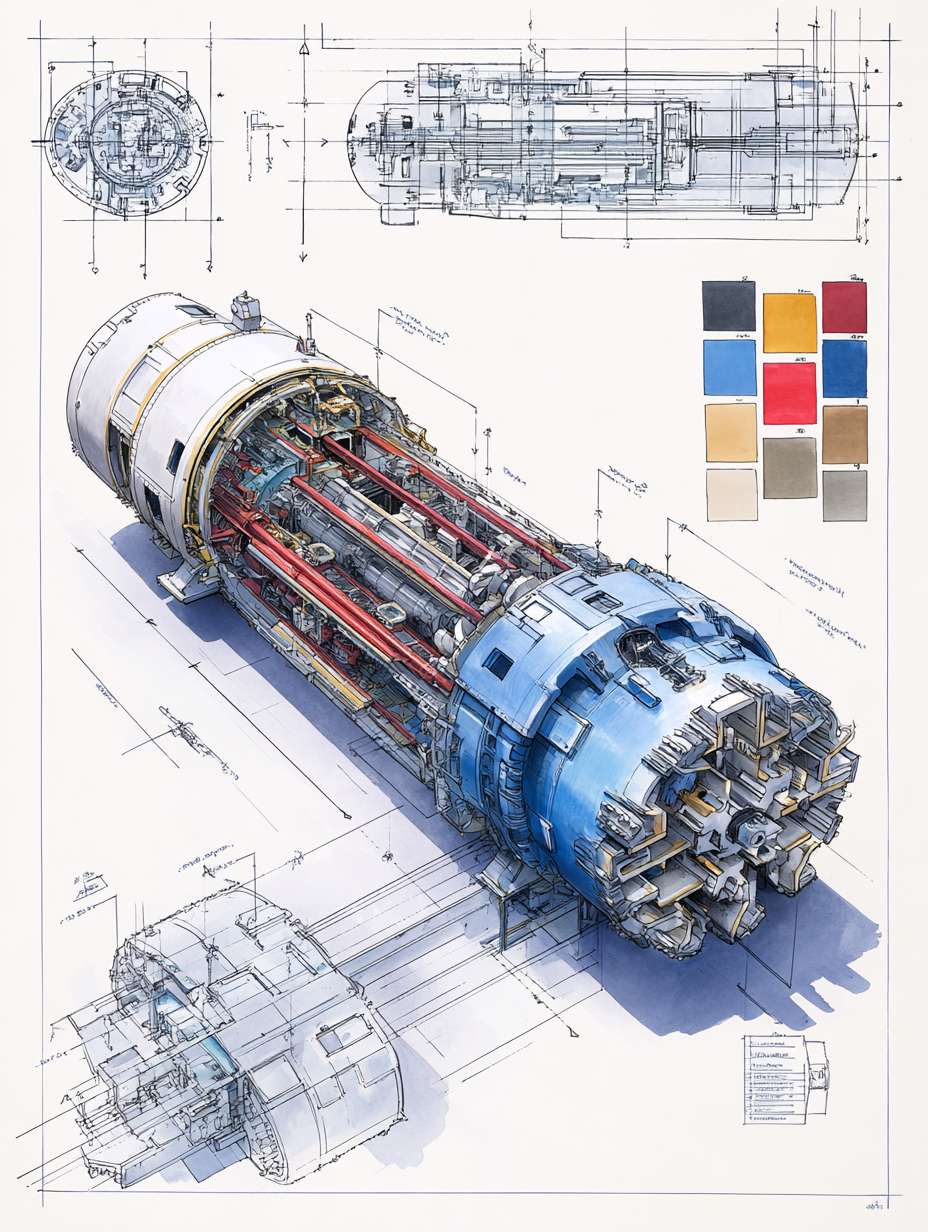 Tunnel Boring Machine (TBM) cutaway perspective blueprint illustration, dramatic wide-angle composition, three-quarter overhead view. Main subject: a highly detailed low-profile modern TBM (Earth Pressure Balance type) rendered in realistic hand-drawn watercolor sketch style, placed on clean white background. Features include: rotating cutterhead with disc cutters and scrapers, with watercolor texture and hand-drawn ink precision. Framed composition with architectural exploded-view edge sketches and directional arrows. Top-right corner includes a color palette swatch block, featuring: steel gray, industrial blue, soil brown, hydraulic red, and lining concrete white. --ar 3:4 --v 7 --stylize 100 --fast