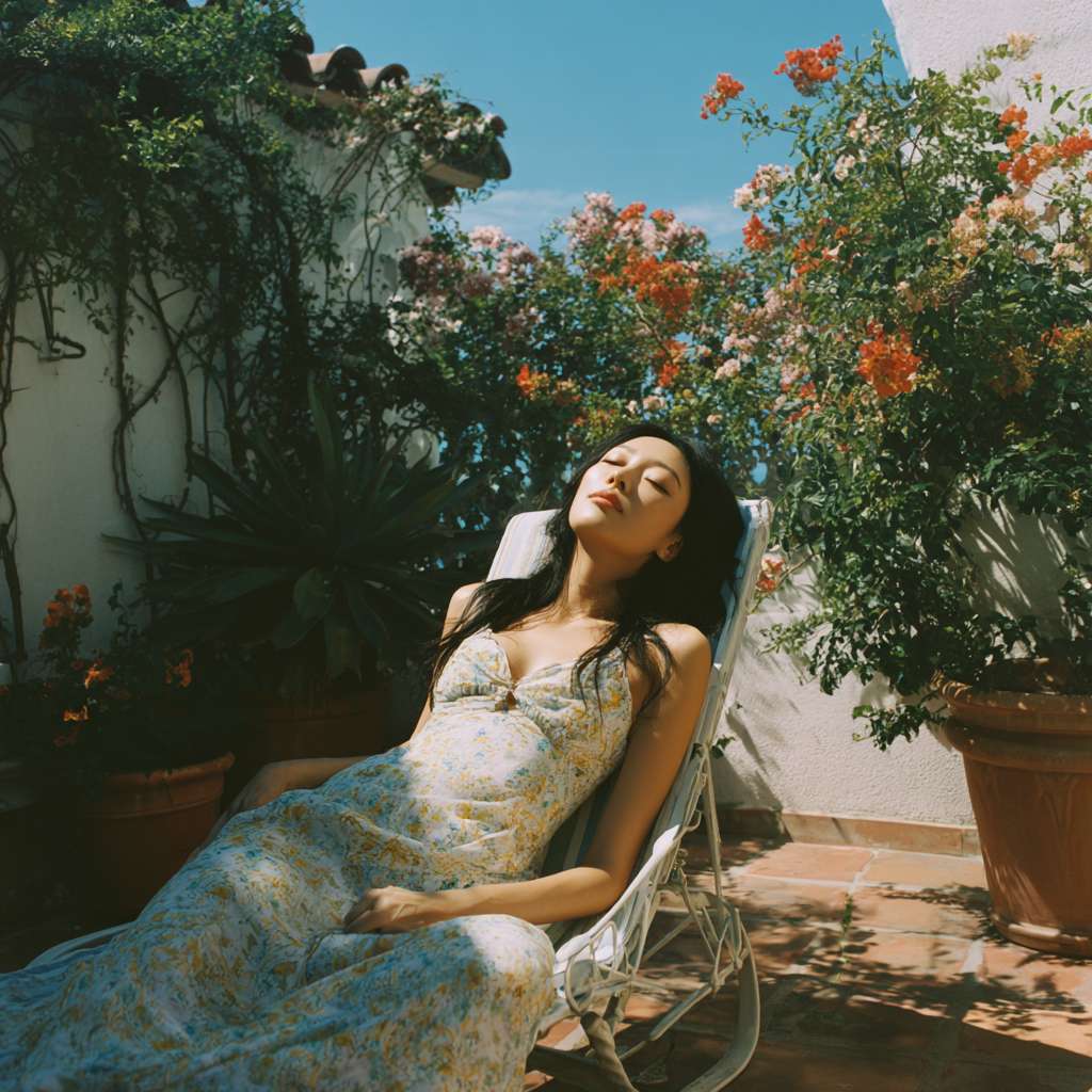在一个白墙灰瓦的大理小院子里，一个美女在躺椅上悠闲的躺着晒太阳，院子里开满了画 --ar 1:1 --v 7 --stylize 100 --fast --no 水印