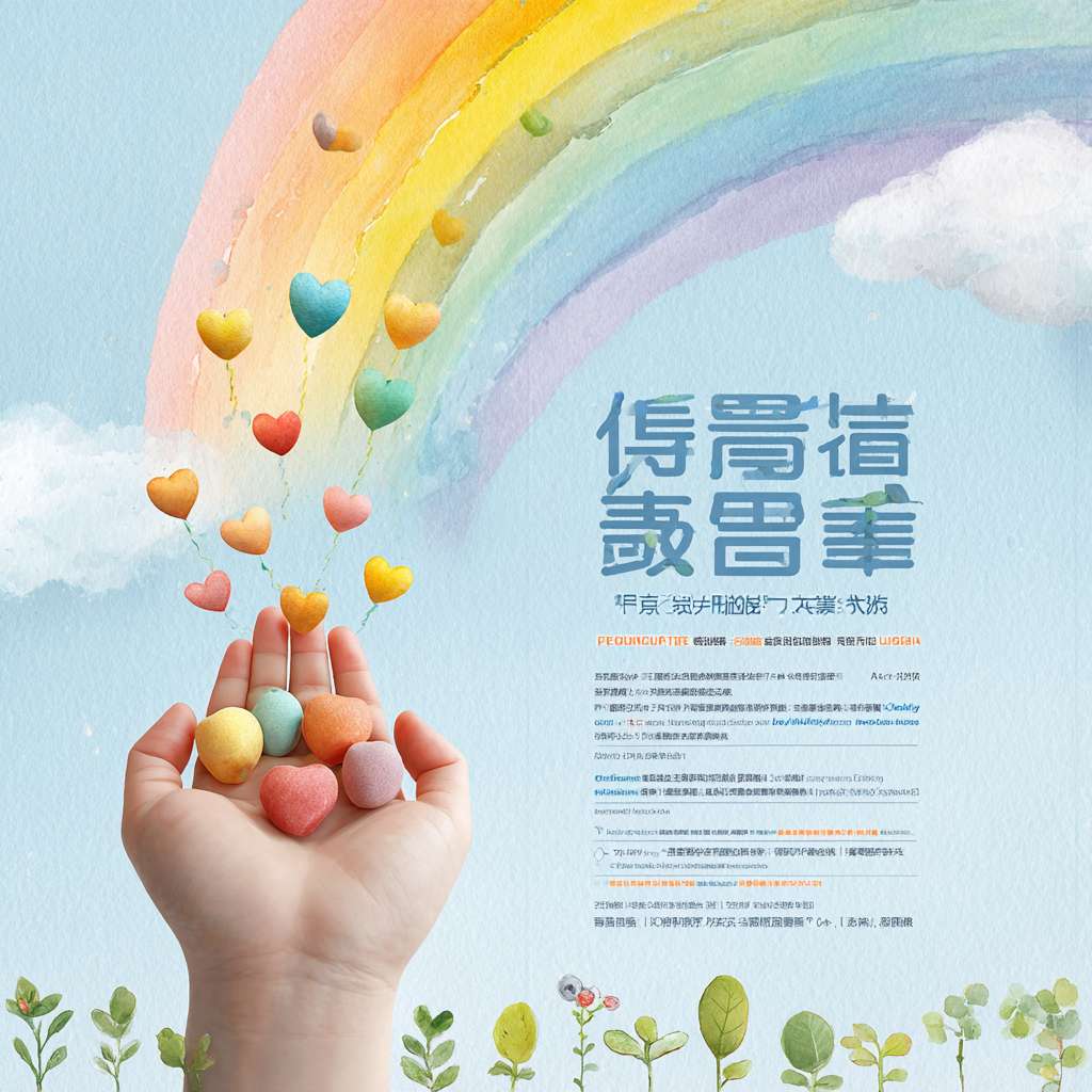“Chinese welfare lottery poster, A4 vertical, picture-book watercolor style, soft pastel blue #B3E5FC to white gradient background, big gentle hand in center holding 7 small heart-shaped seeds in rainbow colors, seeds flying up and forming a light rainbow arc overhead, 7 sunshine rays in childlike crayon yellow #FFEC3D from top, tiny white text on rays: pension, disability, orphan, poverty, medical, education, eco, bottom green sprout line with 5 simple icons, main title ‘每注善举,都是希望的阳光’ in bold dark blue #1A237E with soft yellow shadow, subtitle below, high-res 300 dpi, bright and hopeful, no money symbols” --ar 1:1 --v 7 --stylize 100 --fast --no 水印