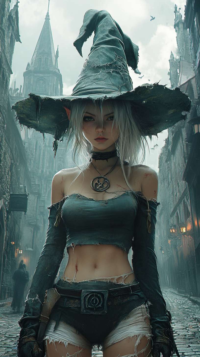The picture is extremely desaturated, with a white girl in a retro wizard costume, delicate features, a large, worn wizard hat, snow-white skin, a torn black tube top, prominent collarbones, slender legs, torn white stockings, dark fantasy style, and a mysterious symbol on the belt. Night scene, with a Gothic castle and towering spires behind her, in a gloomy ancient city, in an old cobblestone alley filled with fog. High details --ar 9:16 --v 6.1 --stylize 250 --fast