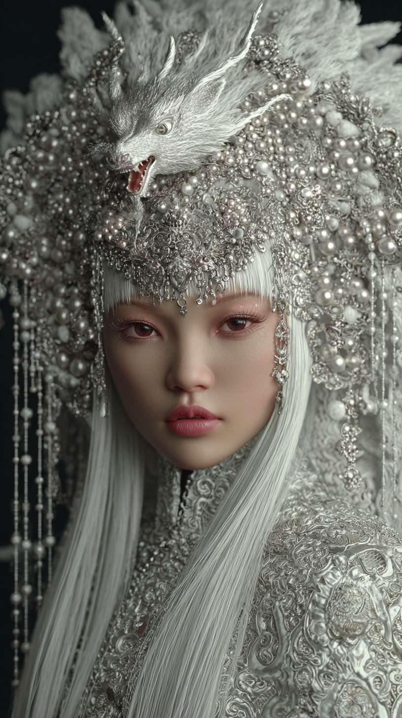 Mythical nine-tailed fox spirit, East Asian beauty with classical phoenix eyes and elegant aura, intricate silver headpiece adorned with pearls, long flowing --ar 9:16 --v 7 --stylize 100 --fast